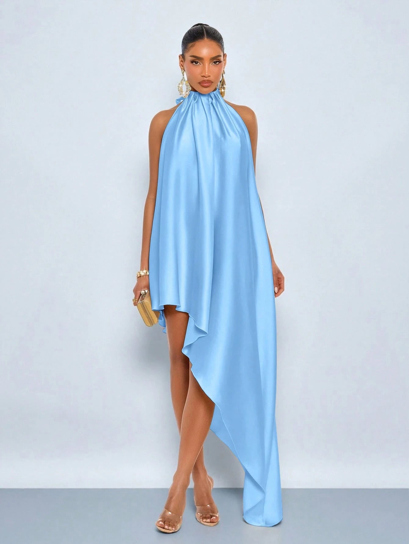 SOLERSUN Spring/Summer Women's Elegant Party Cocktail/Wedding Glossy Fabric Sleeveless Asymmetrical Dress