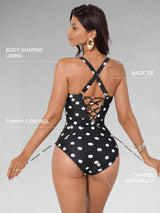SHEIN hapewave Women's White With Black Polka Dots One-Piece Swimsuit