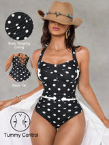 SHEIN hapewave Women's White With Black Polka Dots One-Piece Swimsuit