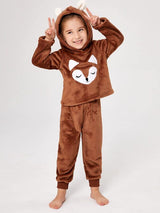 Shein Girls Cartoon Embroidery 3D Ears Design Hooded Flannel Top & Pants PJ Set