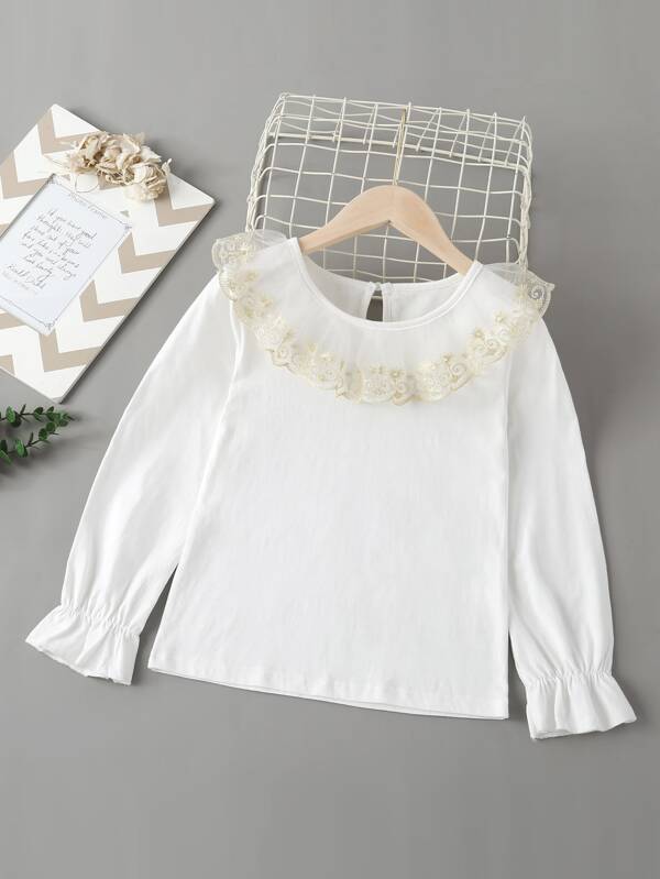 Shein Girls Contrast Embroidered Mesh Keyhole Back Flounce Sleeve Top