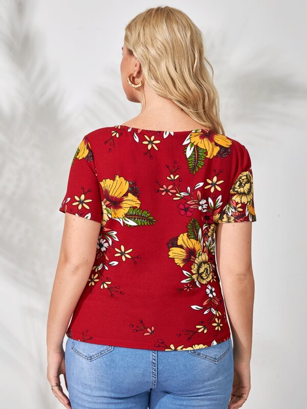 Shein Plus Floral Print Square Neck Tee