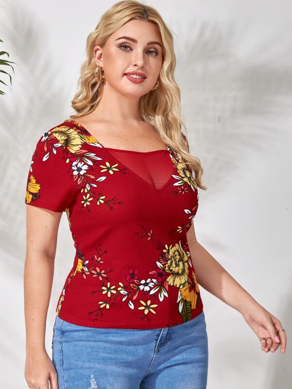 Shein Plus Floral Print Square Neck Tee