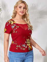 Shein Plus Floral Print Square Neck Tee
