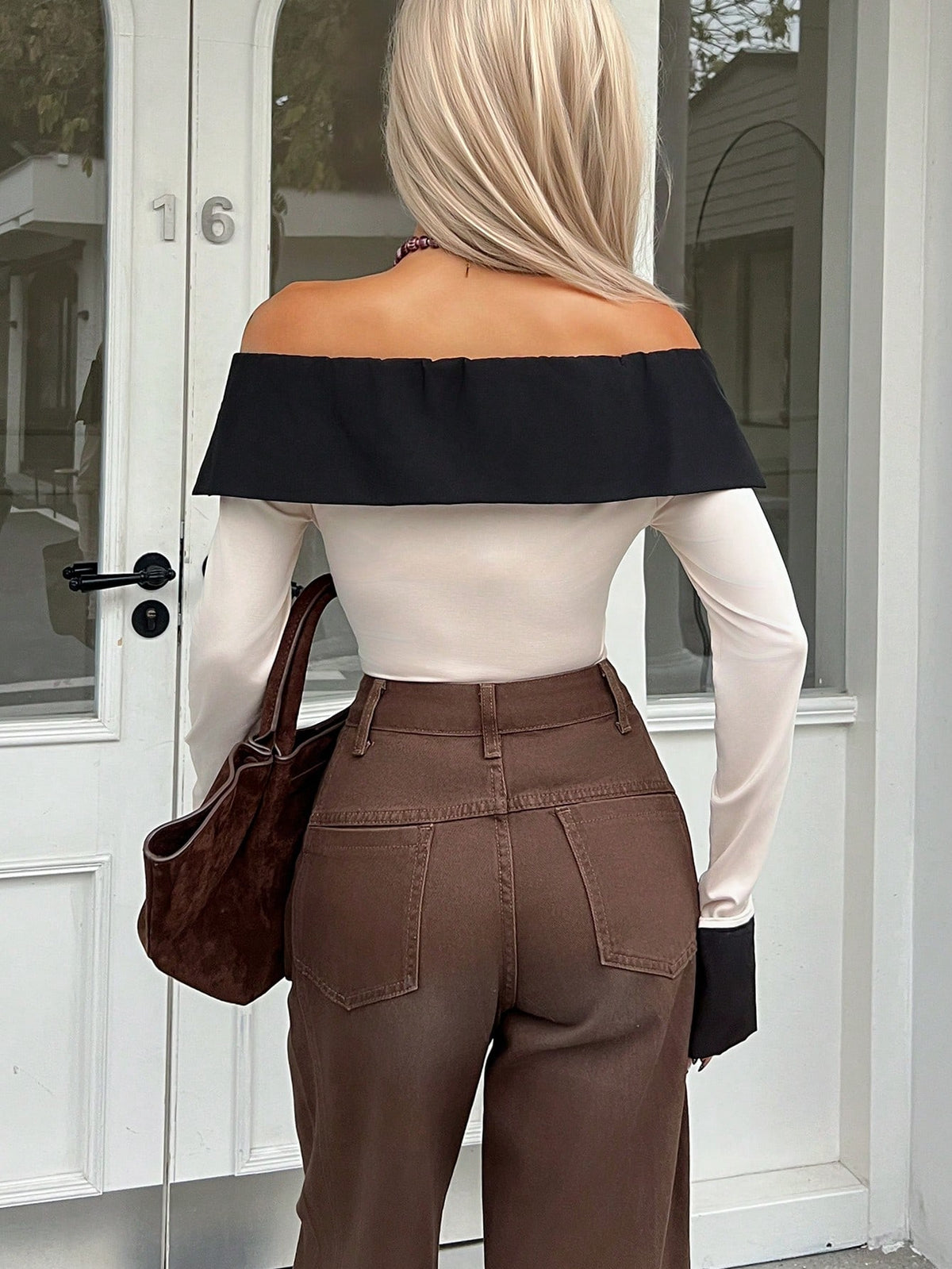SHEIN Siren Gaze Women's Autumn Elegant Black And White Off-Shoulder Long Sleeve T-Shirt