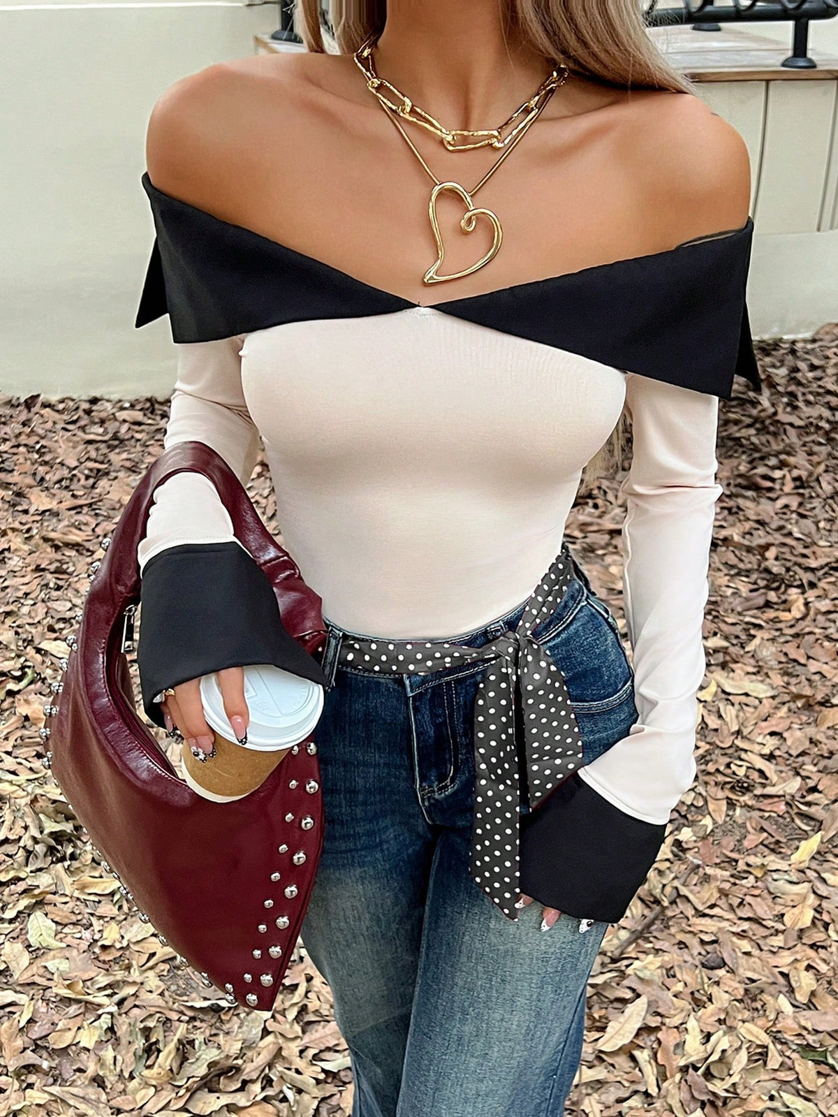 SHEIN Siren Gaze Women's Autumn Elegant Black And White Off-Shoulder Long Sleeve T-Shirt