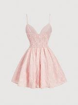 SHEIN Skyraze Women's Summer Pink Checkered Floral Embroidery Patchwork Lace Slip Dress