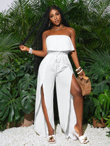 جمبسوت SHEIN Slaydiva أبيض كاجوال بدون حمالات بفتحة عالية للعطلات ربيع/صيف جديد