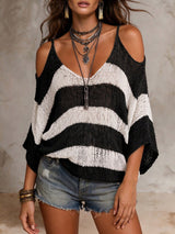 SHEIN Solivie Women's Fashion Black And White Striped Colorblock Sexy Boho Cold Shoulder Sweater