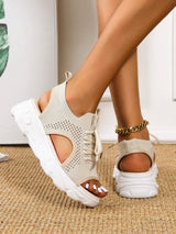 SHEIN Sporty Beige Sandals For Women, Cut Out Lace Up Front Sports Sandals
