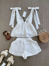 SHEIN Spring/Summer Women's Fashion Set, Fashionable Sleeveless Top With Elegant Tie Design And Shorts Set