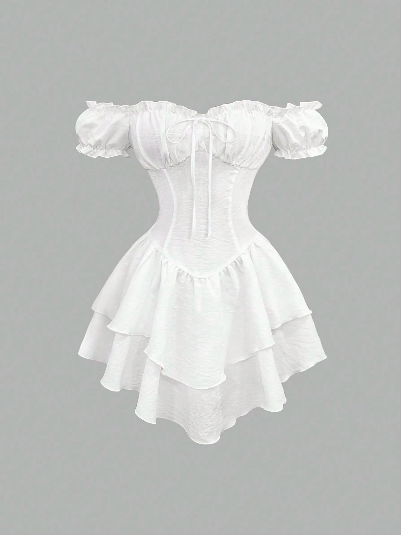 A white off-the-shoulder corset mini dress with puff sleeves, a lace-up front bodice, and a tiered ruffled skirt, shown against a solid gray background.
