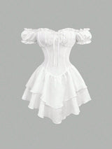 A white off-the-shoulder corset mini dress with puff sleeves, a lace-up front bodice, and a tiered ruffled skirt, shown against a solid gray background.
