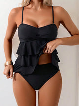 SHEIN Swim Basics & Elegant Women Tankini Swimwear Set,Multi-Layer Ruffle Trim Black Solid Color