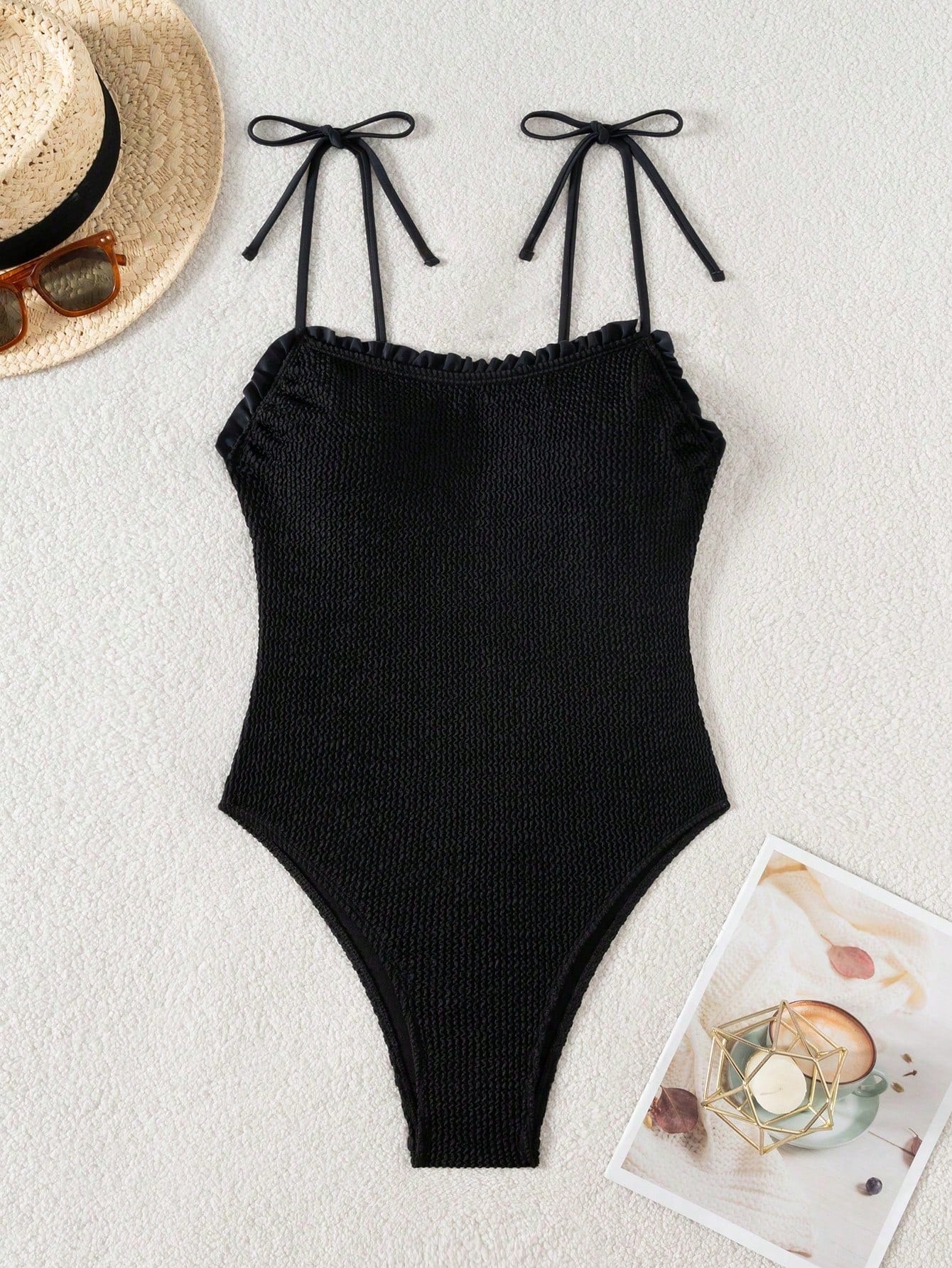 SHEIN Swim Chiccia 1pc Women's Elegant Ruffled Strap Pleated One-Piece Swimsuit
