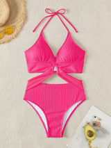 SHEIN Swim Chiccia ربيع/صيف 2026 فستان سباحة بلون أحمر وردي سادة وفضي بحلقة دائرية وتصميم متقاطع مع ياقة عميقة على شكل حرف V