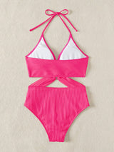 SHEIN Swim Chiccia ربيع/صيف 2026 فستان سباحة بلون أحمر وردي سادة وفضي بحلقة دائرية وتصميم متقاطع مع ياقة عميقة على شكل حرف V