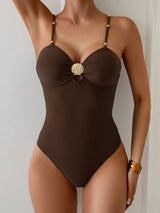 شي إن Swim Chiccia ملابس سباحة نسائية بلون سادة قهوة كاجوال لقضاء العطلات على الشاطئ قطعة واحدة بيكيني مجموعة