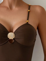 شي إن Swim Chiccia ملابس سباحة نسائية بلون سادة قهوة كاجوال لقضاء العطلات على الشاطئ قطعة واحدة بيكيني مجموعة