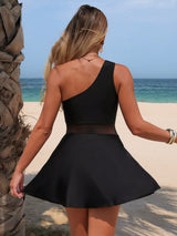 SHEIN Swim Lushoire Elegant Solid Color Splice Mesh One-Piece Swimdress For Women, Summer