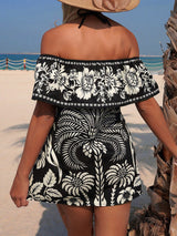 SHEIN Swim Lushoire فستان كاجوال نسائي صيفي مطبوع عليه زهور استوائية باللون الأسود مكشوف الأكتاف للشاطئ، فستان سباحة بوهيمي أنيق لقضاء العطلات، مقاس كبير