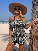 SHEIN Swim Lushoire فستان كاجوال نسائي صيفي مطبوع عليه زهور استوائية باللون الأسود مكشوف الأكتاف للشاطئ، فستان سباحة بوهيمي أنيق لقضاء العطلات، مقاس كبير