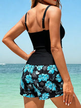 طقم تانكيني SHEIN Swim Lushoire للنساء، صيفي، عطلة، كاجوال، سفر، شاطئ، حمالات سباغيتي، بلوزة قصيرة بتصميم مكسر جذاب، وشورت سباحة فضفاض بخصر عالٍ وجيوب
