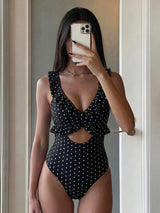 SHEIN Swim Mod بدلة سباحة نسائية لطيفة قطعة واحدة باللون الأبيض مع نقاط بولكا سوداء