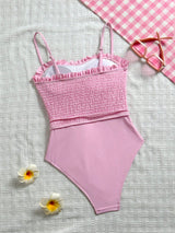 SHEIN Swim Mod بدلة سباحة نسائية قطعة واحدة مزينة بكشكشة باللون الوردي اللطيف