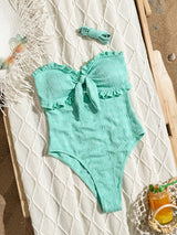ملابس سباحة نسائية من قطعة واحدة بتصميم سادة بخصر مرتفع ومزين بكشكشة وفيونكة من SHEIN Swim Mod
