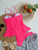SHEIN Swim Mod Women's Solid Pink Beaded Decor Textured Fabric Camisole & Bikini Set,2 Pieces