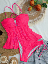 SHEIN Swim Mod Women's Solid Pink Beaded Decor Textured Fabric Camisole & Bikini Set,2 Pieces