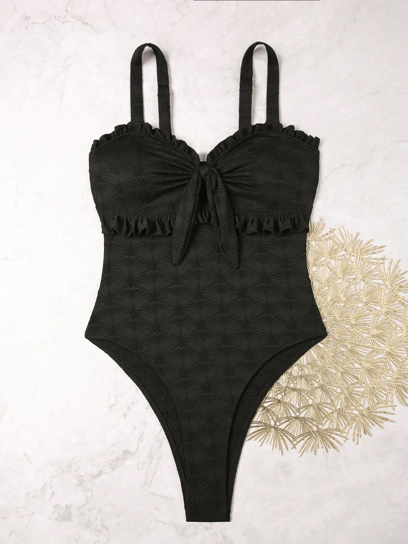 SHEIN Swim Mod Women's Summer Solid Color High Cut Frill Bow One Piece Swimsuit