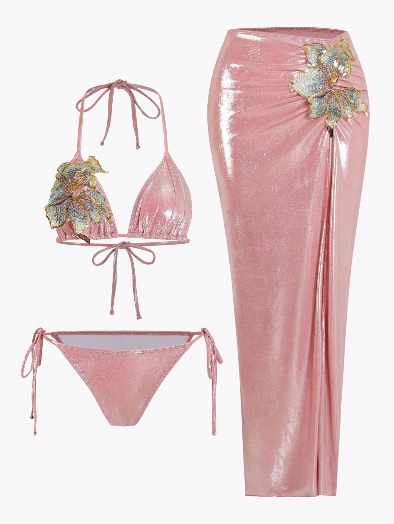 Pink bikini set with matching skirt on a white background