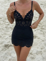 SHEIN Swim Oasis Solid Color Hollow-Cut Spaghetti Strap Women's One-Piece Hollow Petal Hem Skirt High-End Set