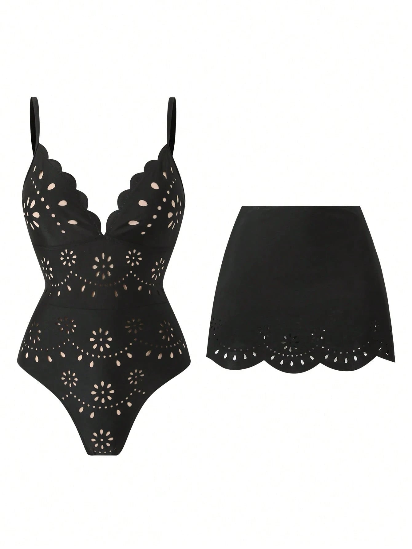 SHEIN Swim Oasis Solid Color Hollow-Cut Spaghetti Strap Women's One-Piece Hollow Petal Hem Skirt High-End Set