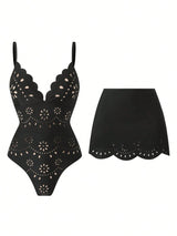 SHEIN Swim Oasis Solid Color Hollow-Cut Spaghetti Strap Women's One-Piece Hollow Petal Hem Skirt High-End Set