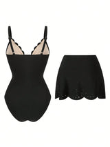 SHEIN Swim Oasis Solid Color Hollow-Cut Spaghetti Strap Women's One-Piece Hollow Petal Hem Skirt High-End Set
