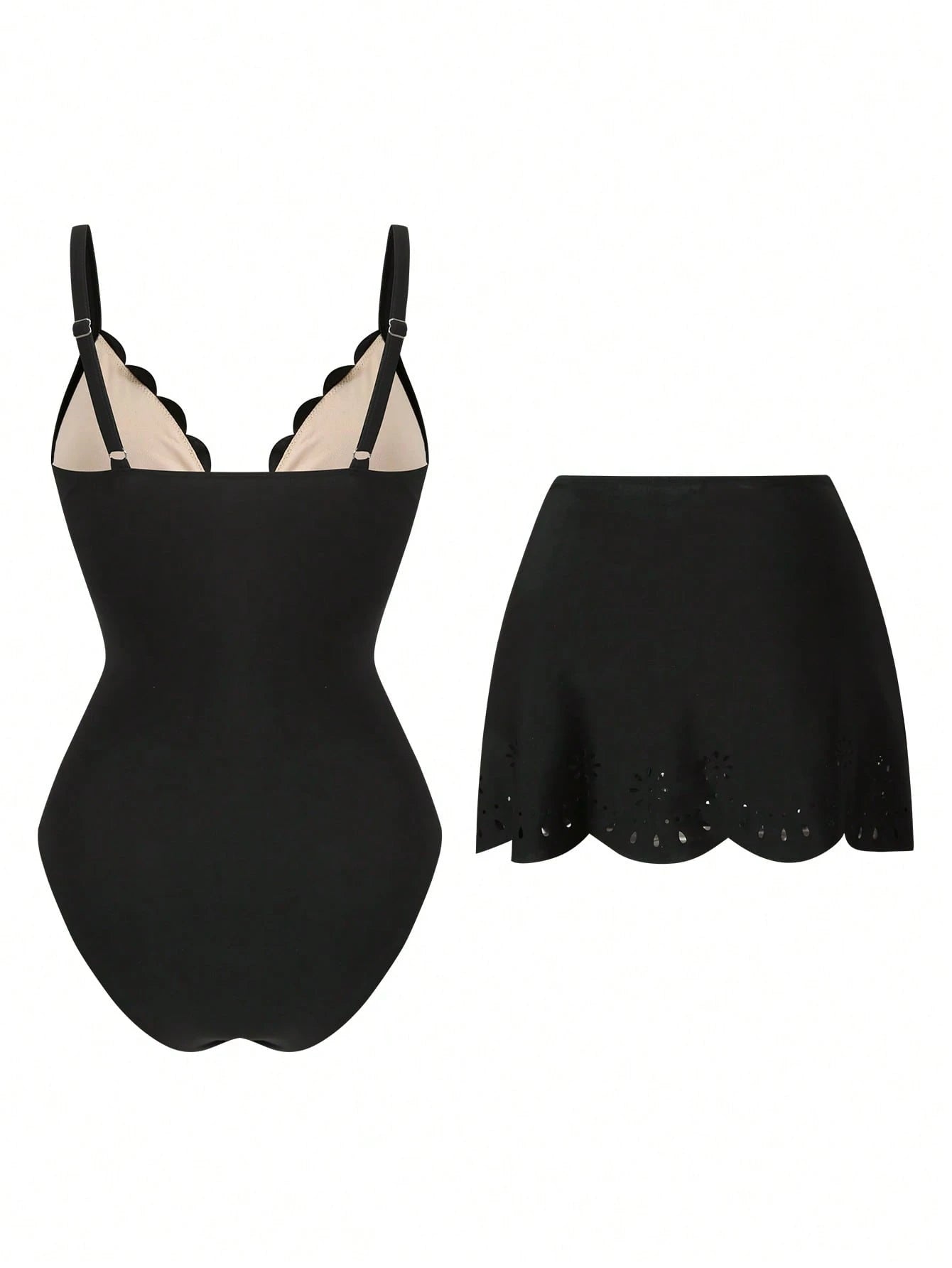 SHEIN Swim Oasis Solid Color Hollow-Cut Spaghetti Strap Women's One-Piece Hollow Petal Hem Skirt High-End Set