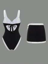 SHEIN Swim Oasis Women's Black & White Contrast Color Underwire Adjustable Strap Tankini Two Pieces Swimsuit