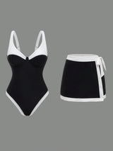 SHEIN Swim Oasis Women's Black & White Contrast Color Underwire Adjustable Strap Tankini Two Pieces Swimsuit
