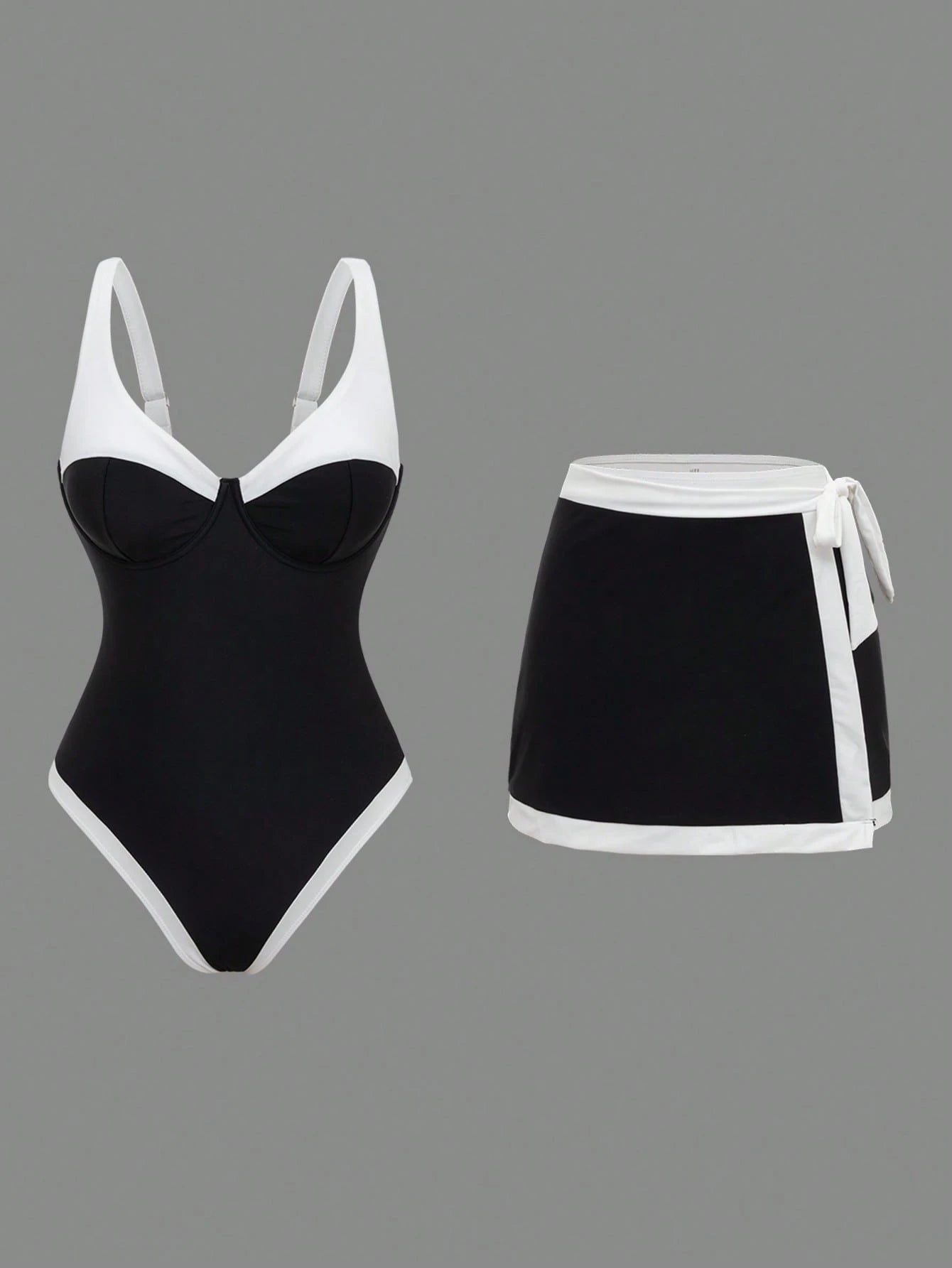 SHEIN Swim Oasis Women's Black & White Contrast Color Underwire Adjustable Strap Tankini Two Pieces Swimsuit