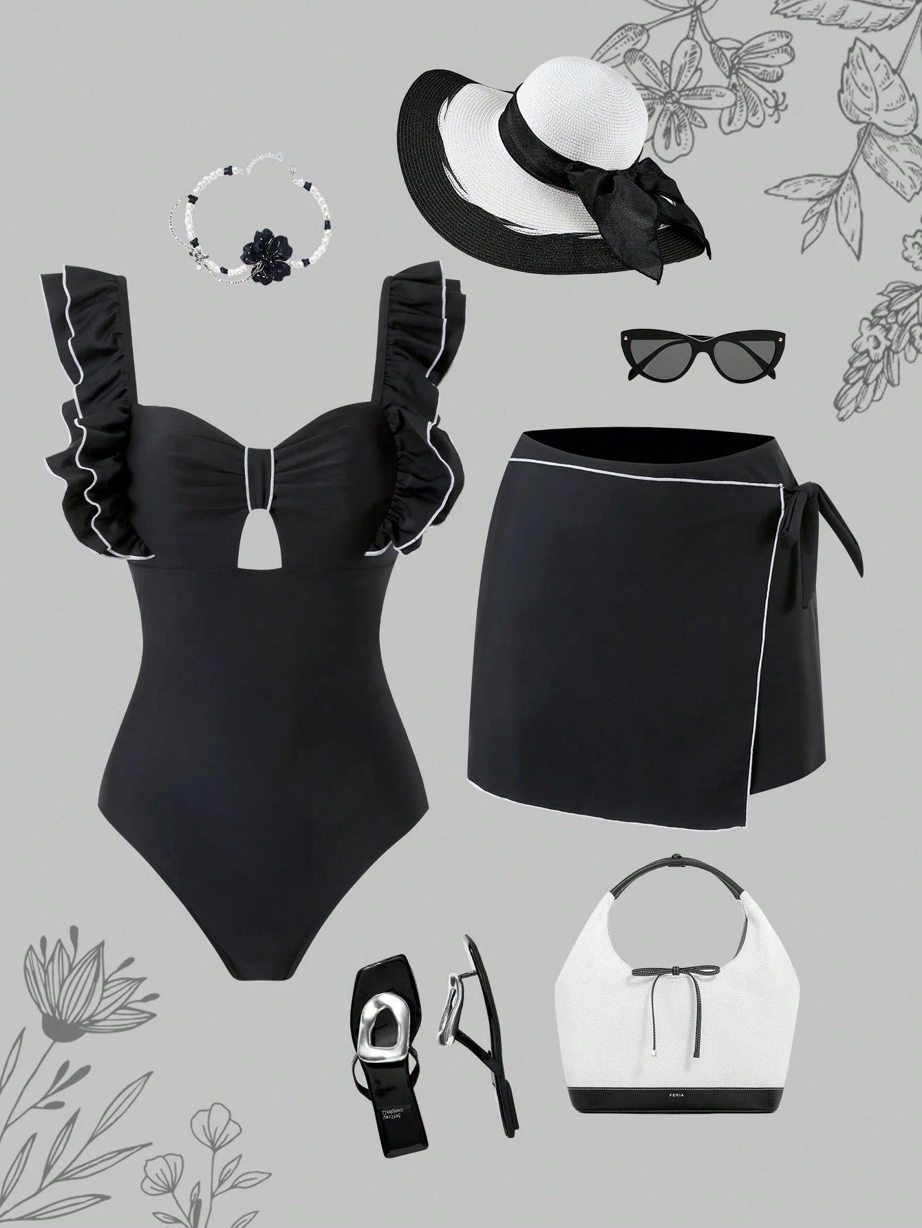 Black swimsuit with ruffles, black skirt, white bag, sunglasses, and hat on a gray background with floral patterns.