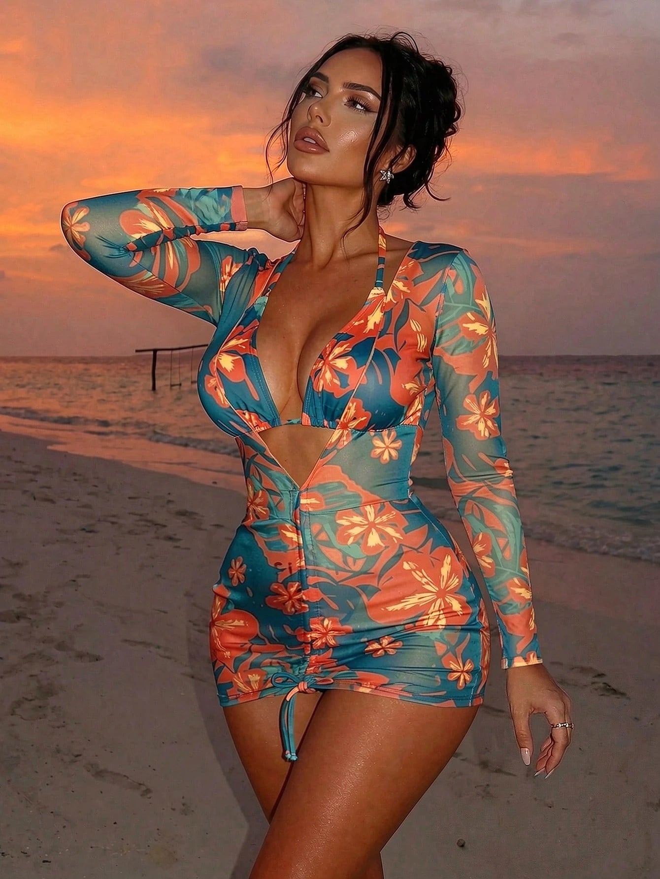 SHEIN Swim SXY Summer Beach Tropical Print Halter Triangle Bikini Set With Cover Up