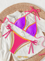 SHEIN Swim SXY Women's 2-Piece Swimwear Set,Purple Multicolor Patchwork Halter Neck Crop Top And Side Tie Bikini Bottoms,Summer Casual Beach Holiday Vacation