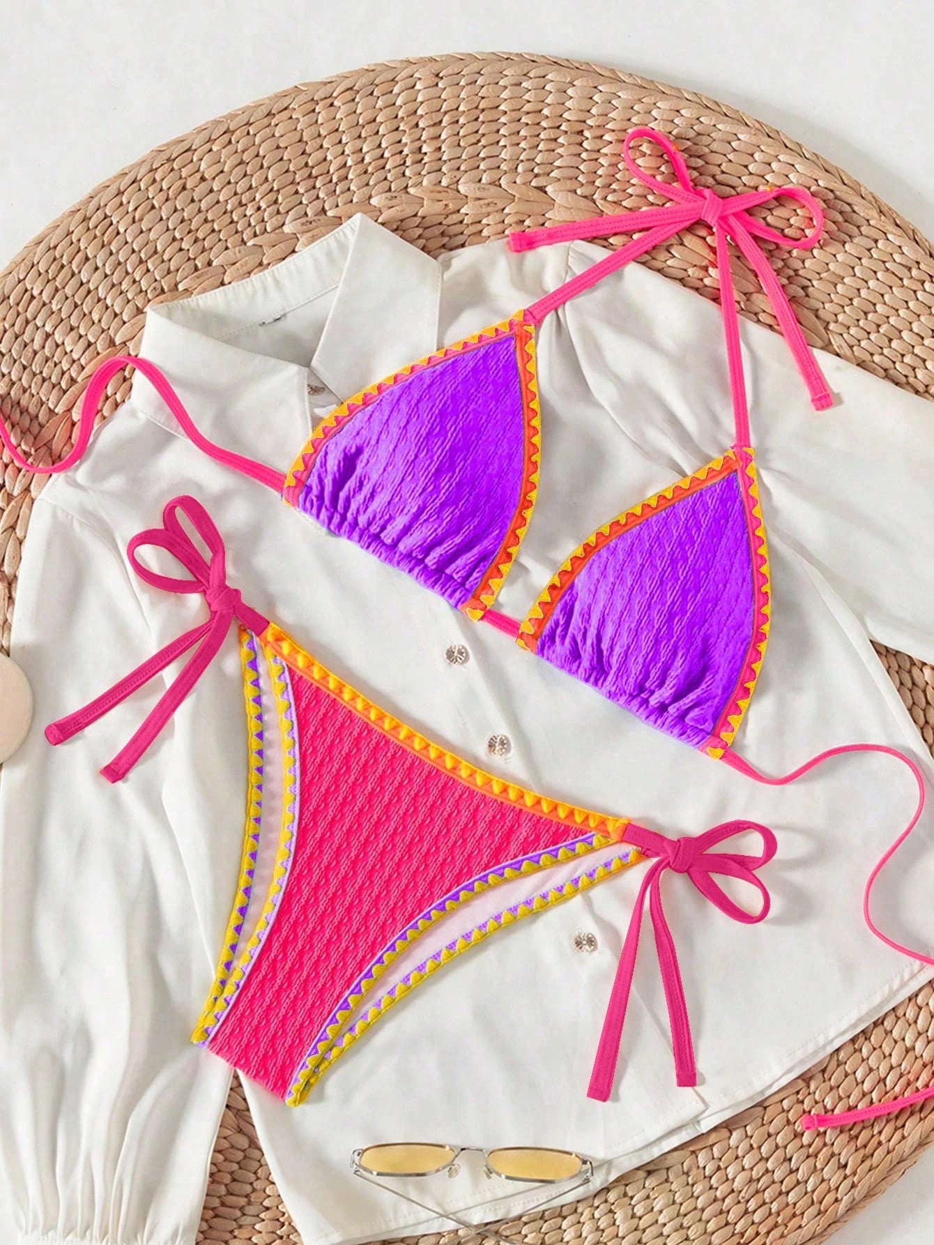 SHEIN Swim SXY Women's 2-Piece Swimwear Set,Purple Multicolor Patchwork Halter Neck Crop Top And Side Tie Bikini Bottoms,Summer Casual Beach Holiday Vacation