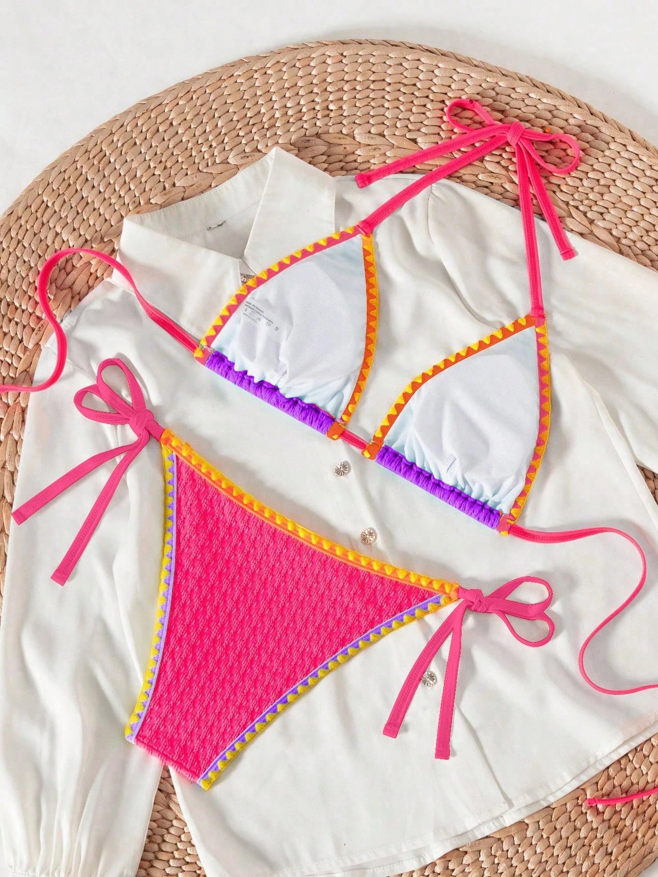 SHEIN Swim SXY Women's 2-Piece Swimwear Set,Purple Multicolor Patchwork Halter Neck Crop Top And Side Tie Bikini Bottoms,Summer Casual Beach Holiday Vacation