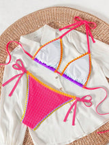 SHEIN Swim SXY Women's 2-Piece Swimwear Set,Purple Multicolor Patchwork Halter Neck Crop Top And Side Tie Bikini Bottoms,Summer Casual Beach Holiday Vacation