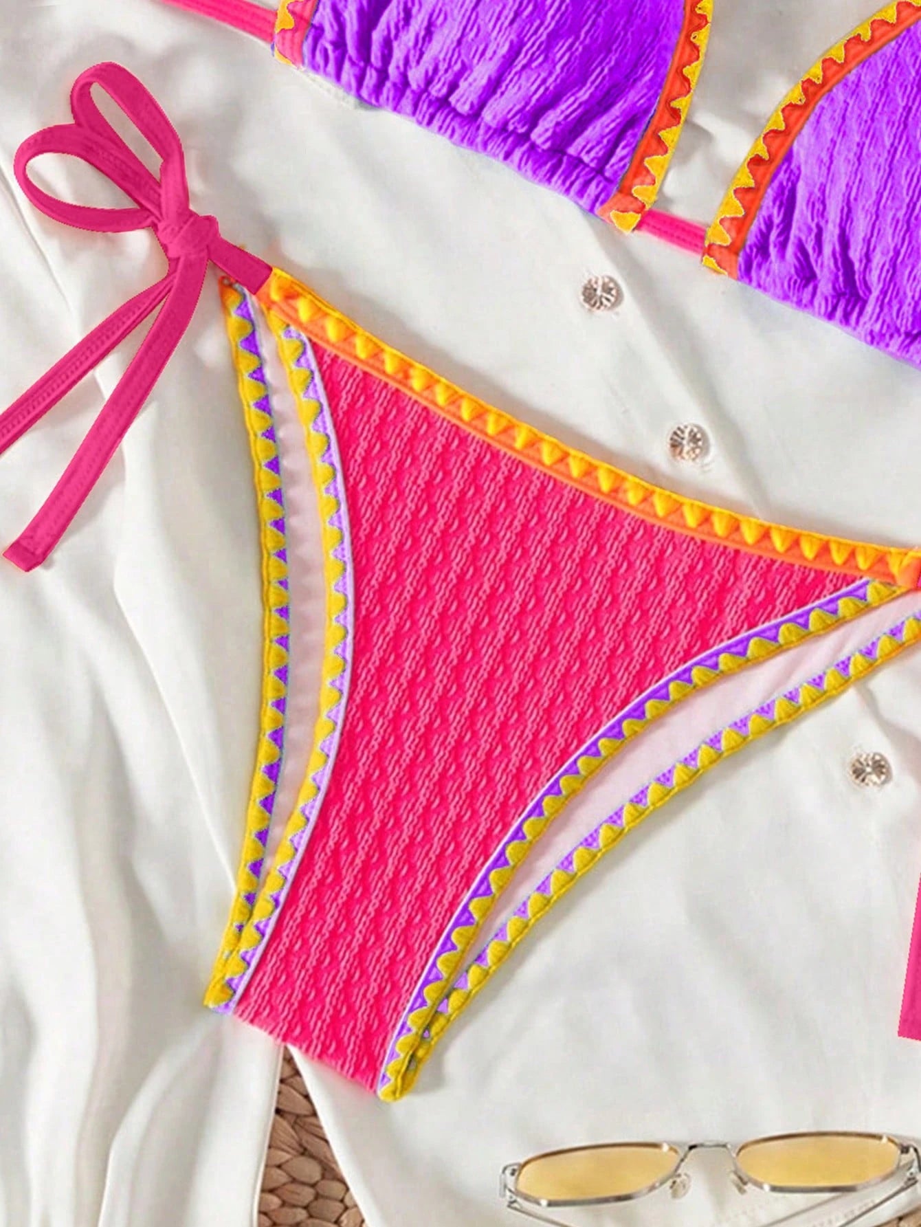 SHEIN Swim SXY Women's 2-Piece Swimwear Set,Purple Multicolor Patchwork Halter Neck Crop Top And Side Tie Bikini Bottoms,Summer Casual Beach Holiday Vacation