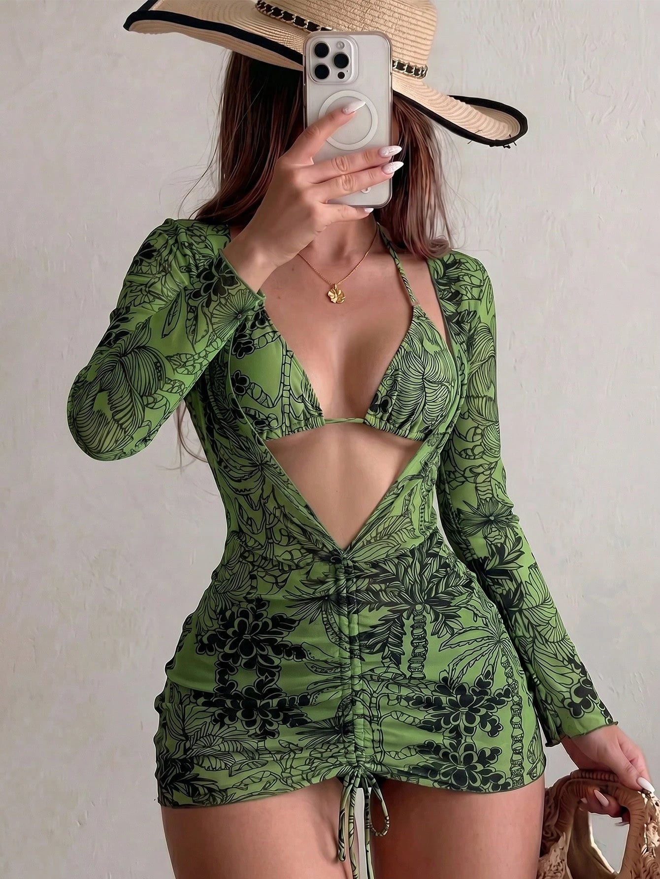 SHEIN Swim SXY Women's Summer Beach Tropical Plant Print Halter Bikini 3-Piece Set
